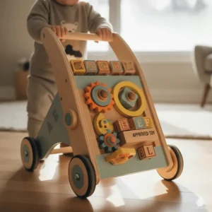 2-in-1 activity center and baby push walker featuring bilingual English and French learning blocks.