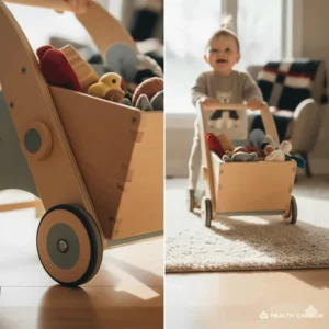 Comparison showing rubber-trimmed wheels of a baby push walker safe for Canadian hardwood floors and rugs.