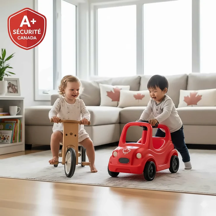 Best ride on toys for 1 year old Canada: Toddlers playing with safe, top-rated indoor push cars and trikes.