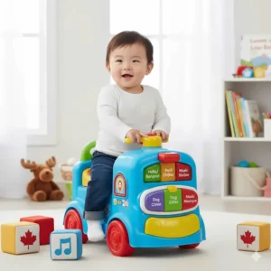 Interactive educational ride on toy for 1 year olds with English and French bilingual language settings.