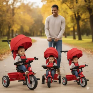 A red convertible 4-in-1 stroller trike, a top-rated ride on toy for 1 year old Canadian toddlers.