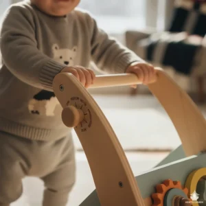 Close-up of an ergonomic, adjustable height handle on a baby push walker for growing Canadian toddlers.