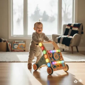 Colorful interactive baby push walker with musical buttons and shape sorters available in Canada.