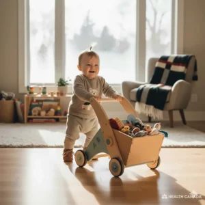 Montessori-inspired baby push walker with a storage basket for toys, designed for Canadian nurseries.
