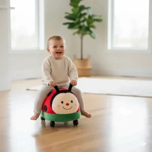 Soft plush animal ride on toy with 360-degree wheels, safe for Canadian homes with hardwood flooring.