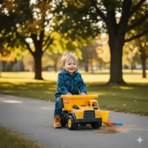 Rugged yellow construction truck ride on toy, perfect for active 1 year olds playing in Canadian parks.