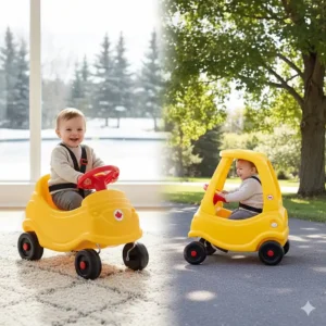 Durable toddler push car with safety belt, versatile for indoor winter play or summer sidewalk use in Canada.