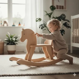 Eco-friendly wooden rocking horse for babies, highlighting natural materials popular in the Canadian market.