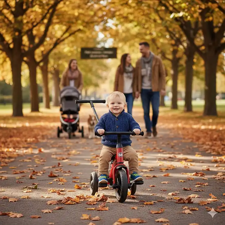 A toddler riding a red 3 in 1 tricycle for toddlers on a paved path at a Canadian community park during autumn.