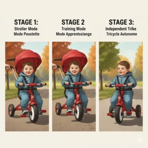 Detailed illustration showing the three growth stages of a 3 in 1 tricycle for toddlers from stroller to independent trike.