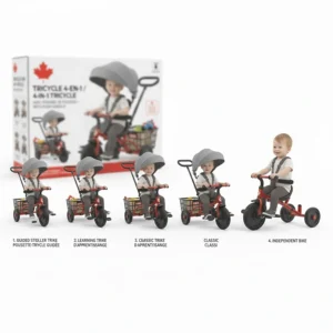 Illustration showing the evolution of a 4-in-1 tricycle with push handle from a guided stroller trike to an independent toddler bike.