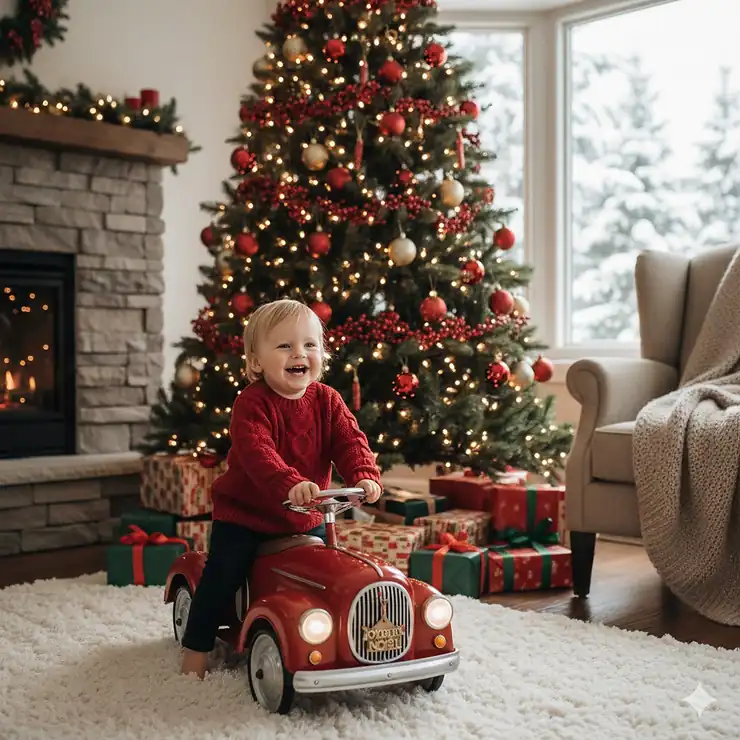 A festive holiday graphic featuring baby ride on toys christmas gift text in both English and French for Canadian shoppers.