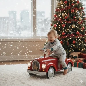 A wooden moose-themed ride-on toy in a cozy Canadian log cabin setting, perfect as a traditional holiday gift.