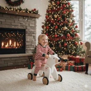 An illustration of eco-friendly, non-toxic wooden ride-on toys, a popular sustainable gift choice for Canadian parents.