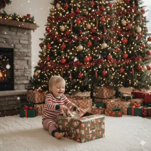 An illustration of a brightly wrapped baby ride on toys christmas gift being opened on a festive Canadian holiday morning.