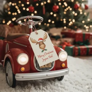Illustration of a sturdy ride-on toy with a Canadian safety certification seal, highlighting a reliable Christmas gift choice.