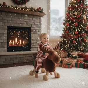 A toddler playing with a ride-on toy inside a warm living room while it snows outside in Canada.