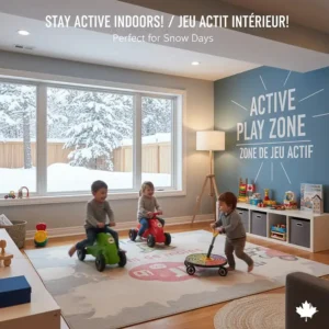 Illustration of kids using indoor ride on toys in a finished basement to stay active during snow days.
