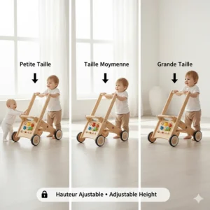 Infographic showing how to compare baby push walkers based on adjustable handle heights for growing toddlers.