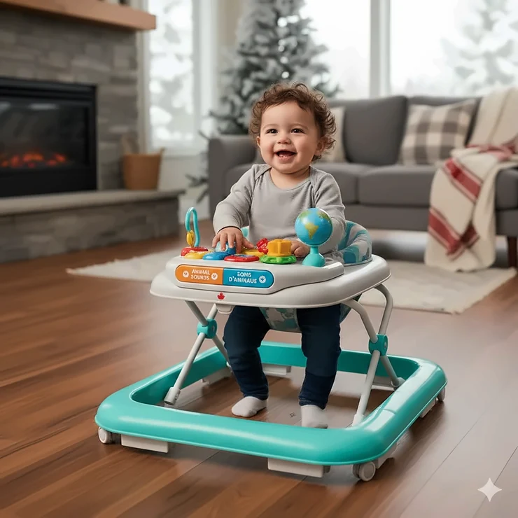 Baby using an affordable baby walker under $50 in a Canadian home, showing a sturdy frame and interactive toy tray for developmental play. affordable baby walker canada under $50