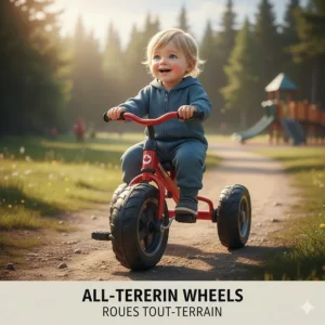 A 3 in 1 tricycle for toddlers with durable all-terrain wheels perfect for Canadian parks and gravel trails.