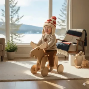 A cute moose-shaped indoor ride on toy for babies, perfect for a Canadian-themed playroom.