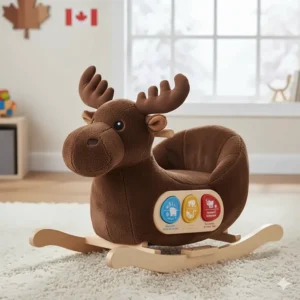 A plush moose-themed rocker, a classic Canadian-inspired educational ride on toy for sensory development.
