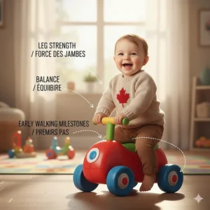 Illustration showing how ride on toys for babies 6-18 months help develop leg strength and balance for early walking milestones.