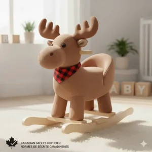 Illustration showing a soft ride on animal with a sturdy base, highlighting Canadian safety standards for infant toys.