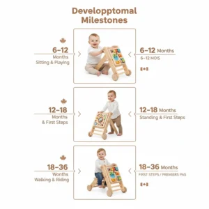 Infographic showing how a sit to stand walker supports developmental milestones from sitting up to independent walking for Canadian toddlers.