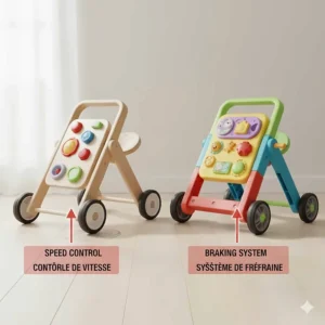 Diagram highlighting speed control and braking systems when you compare baby push walkers for safety.