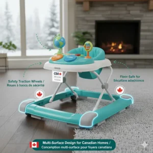 Illustration of high-traction, floor-safe wheels on an affordable baby walker, suitable for Canadian homes with both carpet and hardwood flooring.