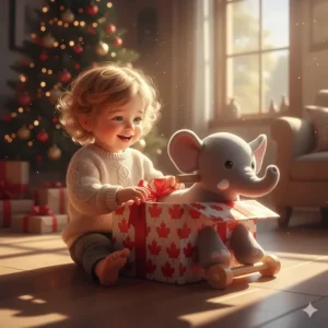 A toddler opening a gift containing a plush elephant ride-on toy, a top-rated birthday present for Canadian children.
