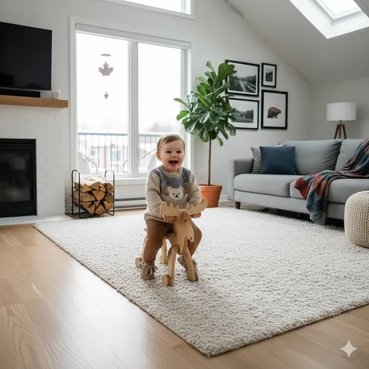 A toddler enjoying a wooden baby ride on for indoor use in a bright Toronto living room with maple decor.
