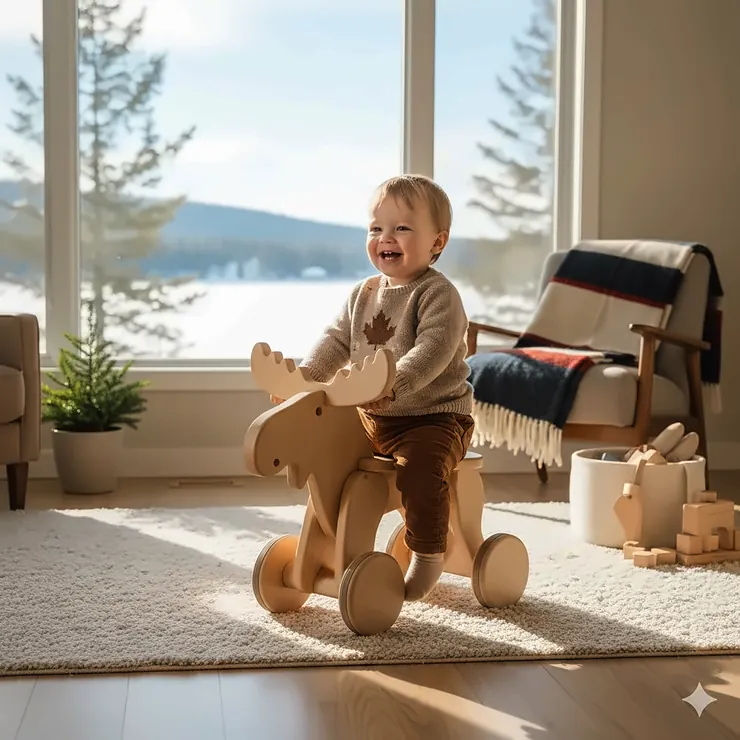 A toddler enjoying indoor ride on toys for babies in a cozy Canadian living room with a view of snow outside. indoor ride on toys for babies