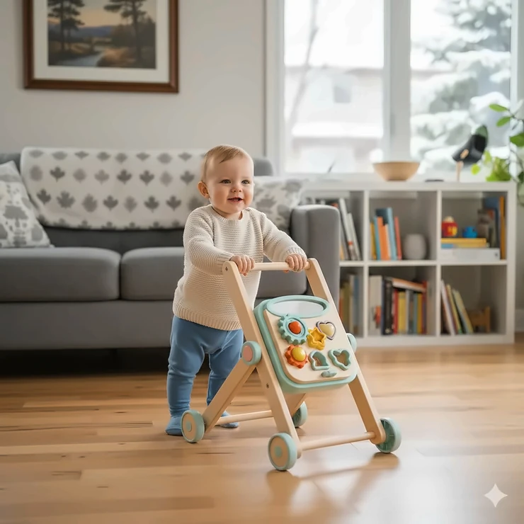 A baby practicing first steps with a sit to stand walker in a Canadian home, highlighting safe alternatives to banned seated walkers.