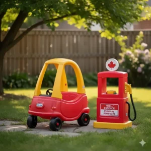 A Little Tikes Cozy Coupe parked at a toy gas pump featuring bilingual English and French fuel labels.