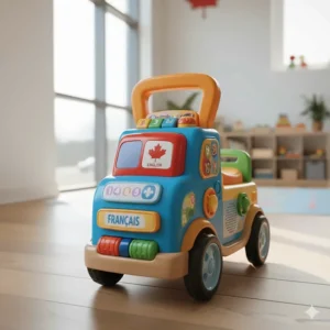 Interactive ride on toy truck featuring English and French audio buttons for bilingual language development in Canada.