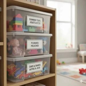 Clear plastic bins with bilingual labels in English and French for organized winter toy storage.