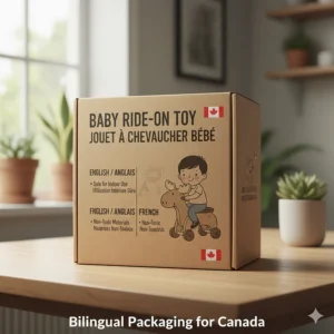 Illustration of baby ride on for indoor use packaging showing English and French (français) safety labels for Canada.