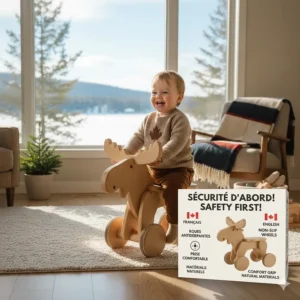Graphic showing indoor ride on toys for babies with bilingual English and French safety labels for the Canadian market.