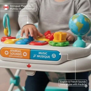 Close-up of an interactive baby walker toy tray featuring buttons for English and French (français) sounds, perfect for the bilingual Canadian market.