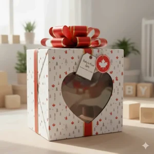 Illustration of a gift-wrapped plush ride-on toy with bilingual English and French "Baby's First Gift" tags.