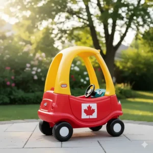 The classic red and yellow Little Tikes Cozy Coupe Canada edition featured in a bright outdoor setting.