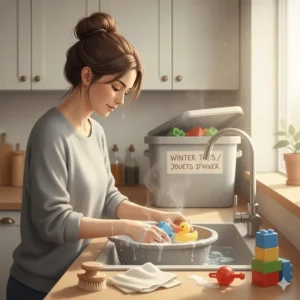 A parent sanitizing colorful plastic blocks and rattles before storing baby toys for the winter season.