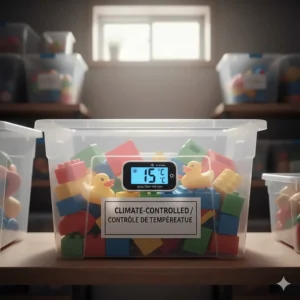 Illustration of an indoor storage bin with a thermometer, highlighting the importance of temperature control when storing baby toys in winter.