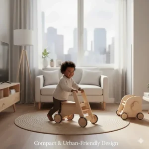 Compact baby ride on toy designed for indoor use in urban Canadian apartments and small play areas.