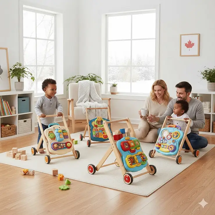 A diverse selection of top-rated wooden and plastic baby push walkers for comparison in a bright Canadian living room.