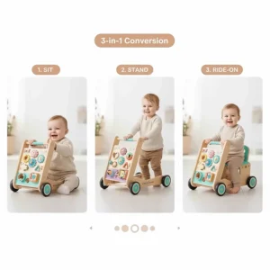 A convertible 3-in-1 baby ride on walker showing transitions from an activity center to a push walker and a toddler ride-on toy.