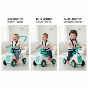 Illustration showing the progression of a 3-in-1 ride-on toy as a baby grows from 6 to 18 months, highlighting versatility.